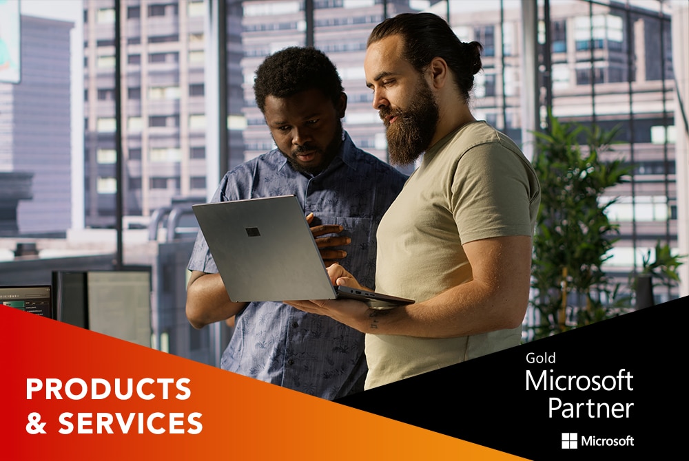 Two IT professionals looking at a laptop screen. The image is overlayed with "Products and Services".